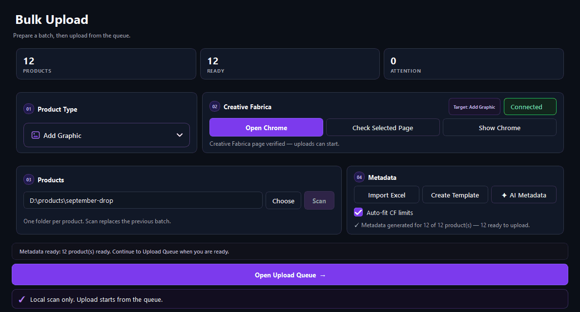 CF Flow Bulk Upload page: product type, Creative Fabrica connection, products folder, metadata