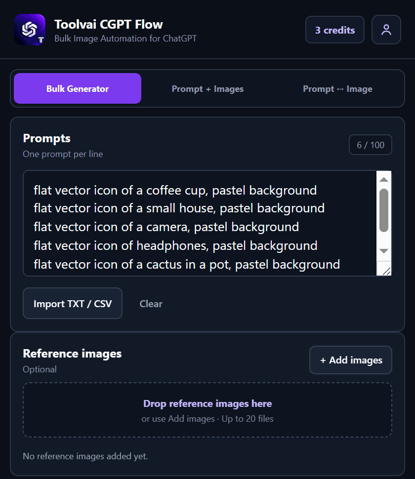 CGPT Flow prompts, reference images and download settings