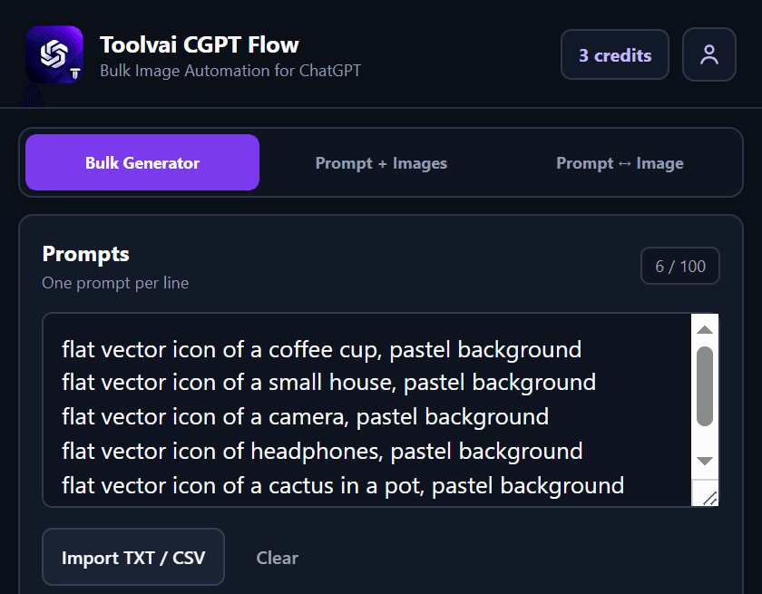 CGPT Flow: six prompts loaded, ready to run