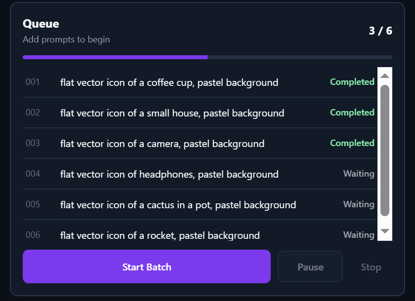 CGPT Flow queue: six prompts, three completed, progress bar, Start Batch, Pause and Stop