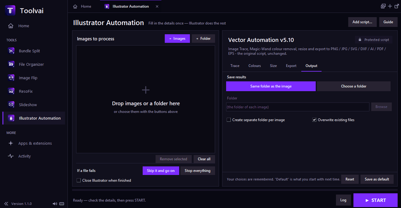 Toolvai workspace with the tool sidebar and Illustrator Automation open